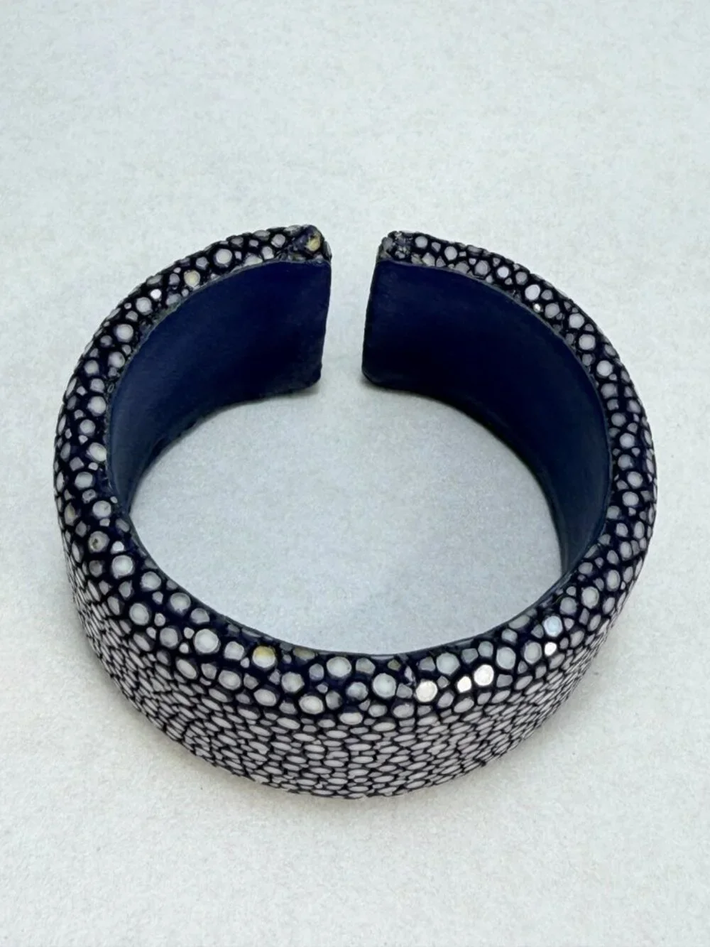 Vintage Genuine Stingray Shagreen Leather Wide Cuff Bracelet Black Unisex
